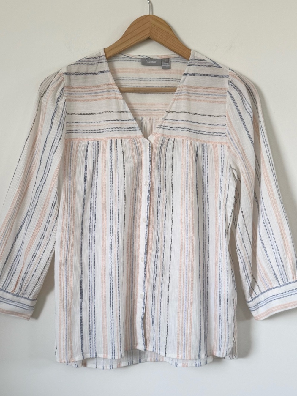 Fransa Striped Button-Front Blouse in Cream, Pink & Blue